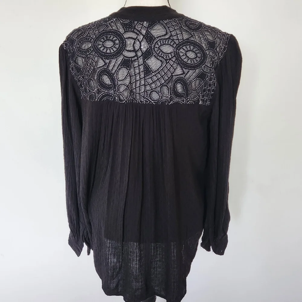 FREE PEOPLE Canyon Rose Embroidered Boho Hi Lo Blouse Black Whimsigoth Grunge XS